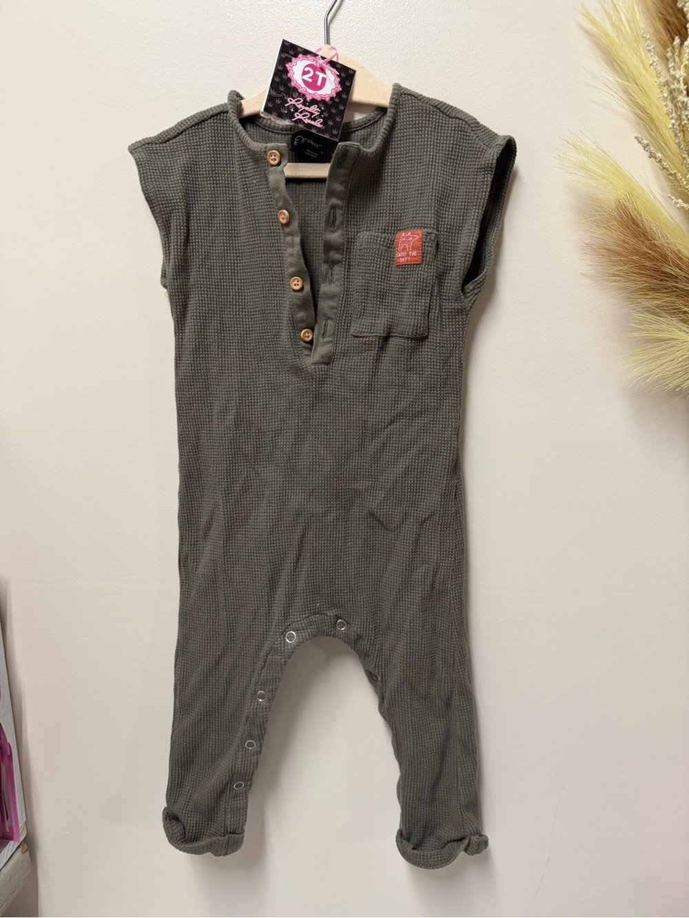 art class Olive Green Waffle Knit Short Sleeve Romper